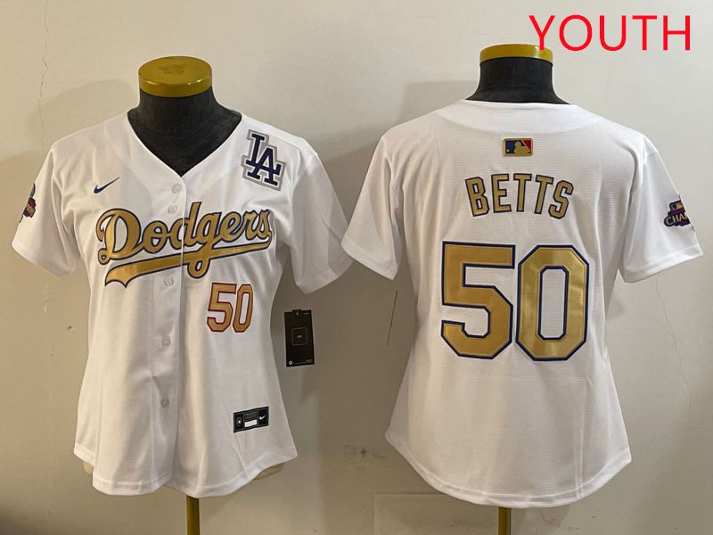 Youth Los Angeles Dodgers #50 Betts White Champion gold character 2025 Nike MLB Jersey style 4094